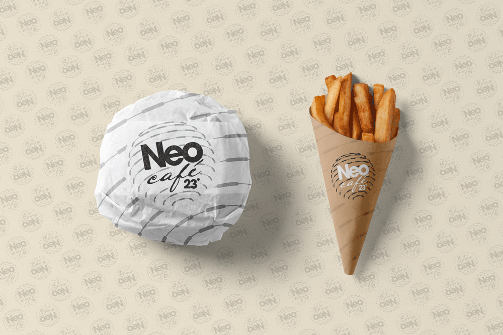 Proposta de embalagem com logo Neo Café criado pela Qpix Creative Minds