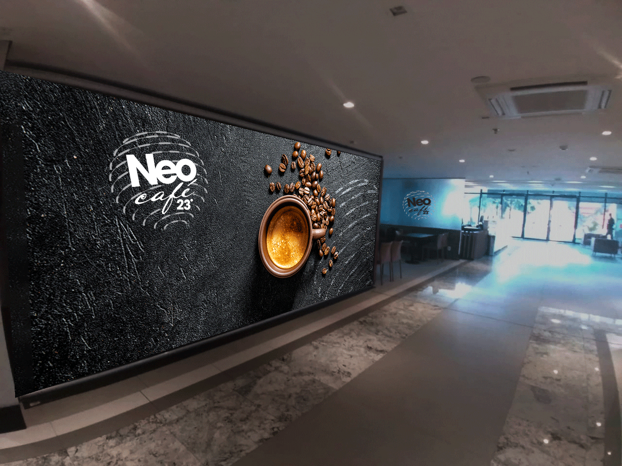 Perspectiva do local Neo Café - logo criado pela Qpix Creative Minds